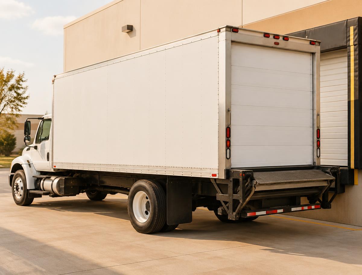 26-foot box truck with a lift gate parked at a loading dock